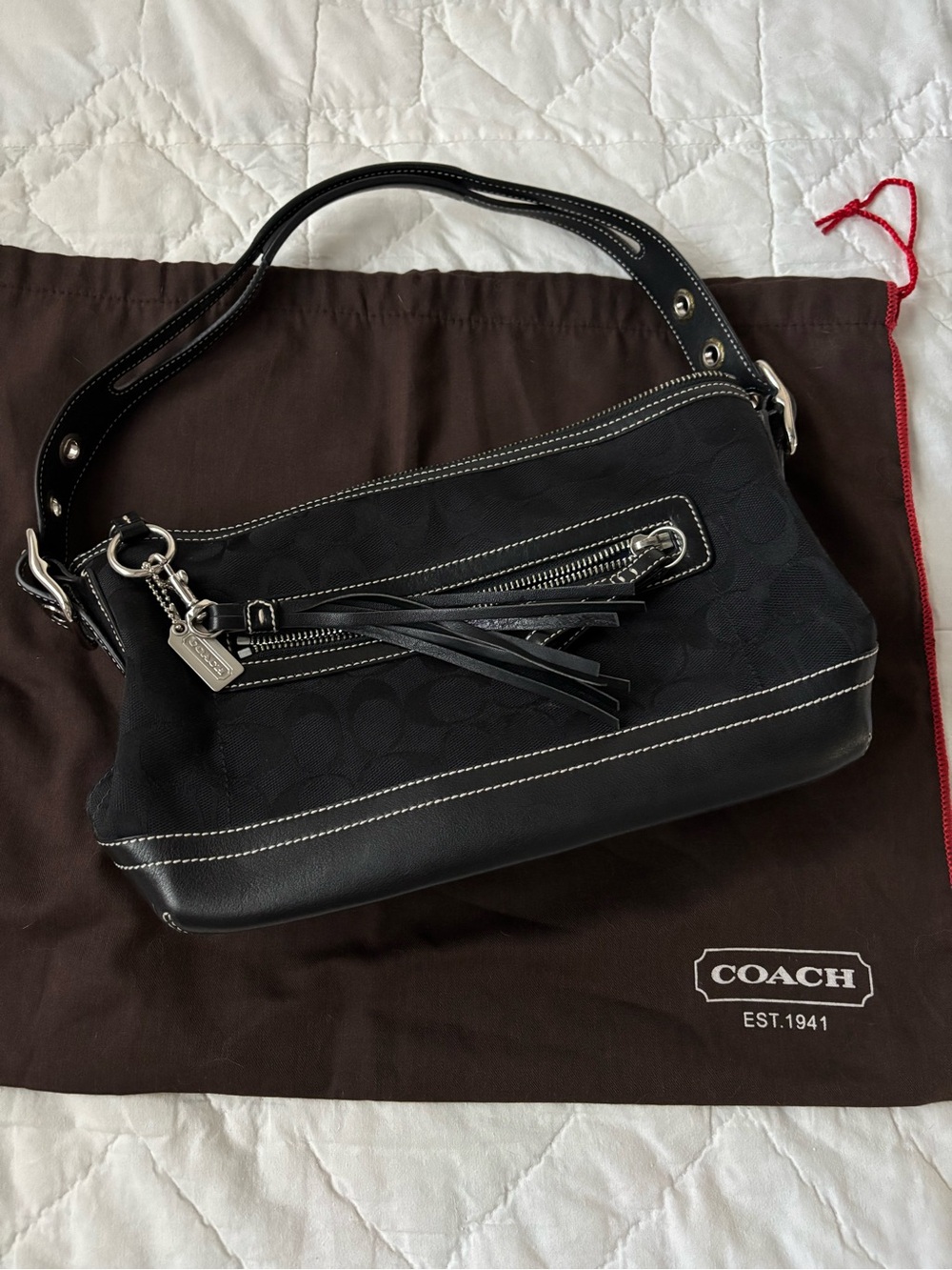 Coach Black Signature Canvas Shoulder Hobo Coach Dust Bag Included
